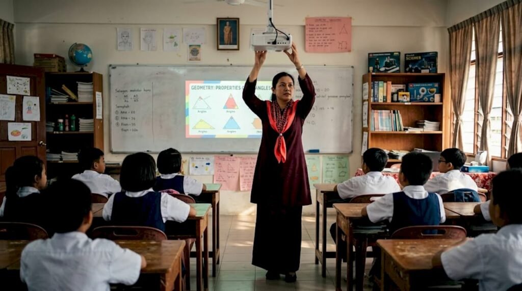 Teacher adjusting projector in Malaysian classroom