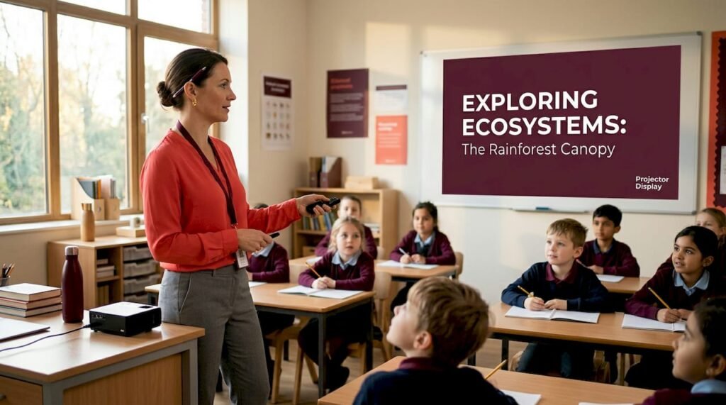 Teacher using projector for classroom lesson