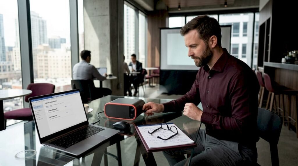 Professional setting up wireless business projector