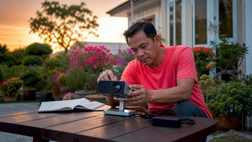 Seorang lelaki sedang memasang projektor mudah alih di ruang tamu rumahnya, bersiap sedia untuk menikmati tayangan bersama keluarga.