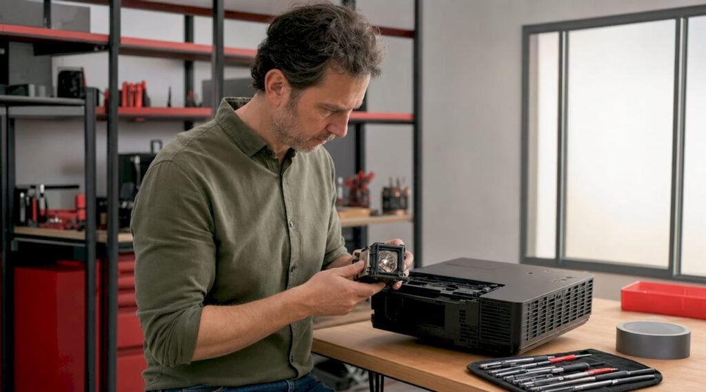 Man replacing projector lamp in home office