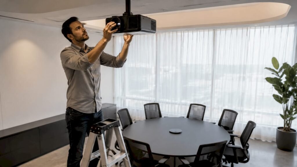 Technician adjusting laser projector in conference room