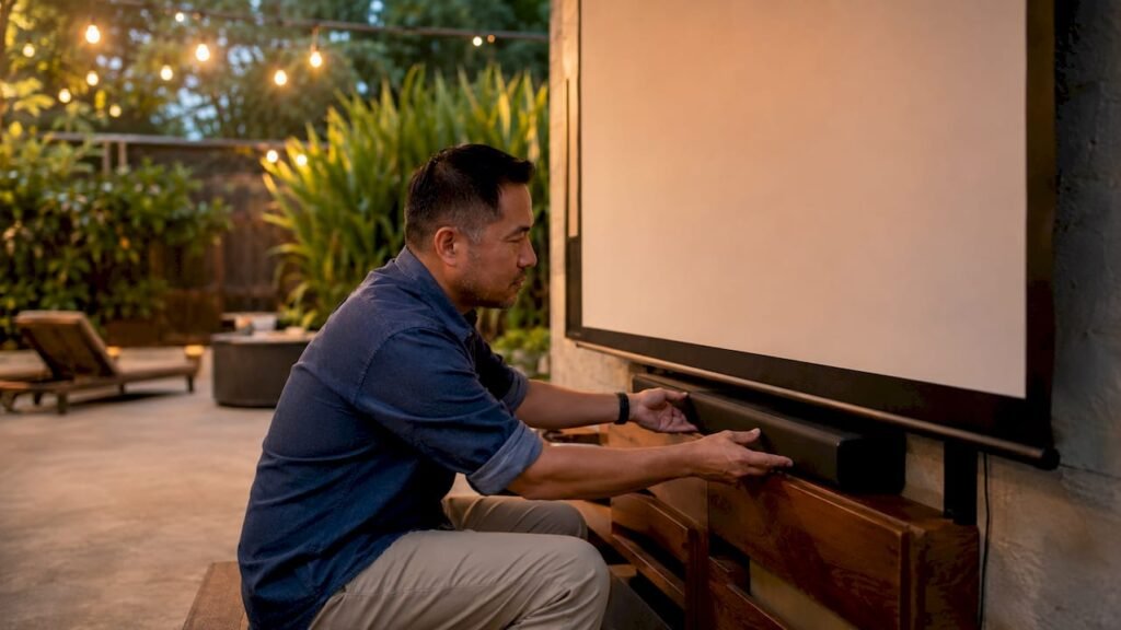 Man installing soundbar under projector screen