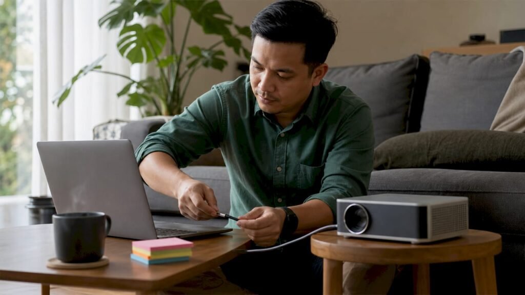 Man connecting USB-C cable to projector in home office