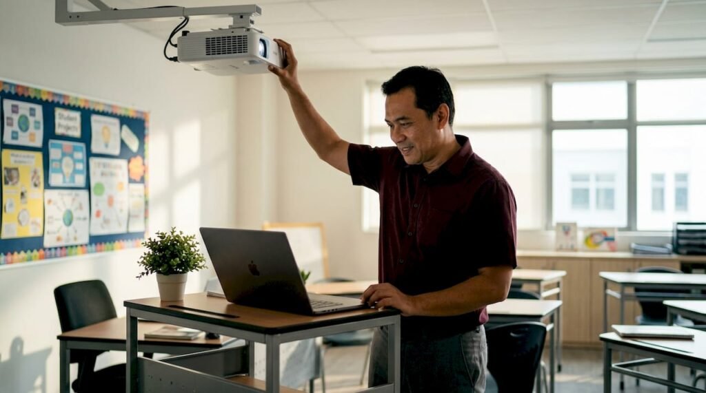 Teacher adjusting projector in Malaysian classroom
