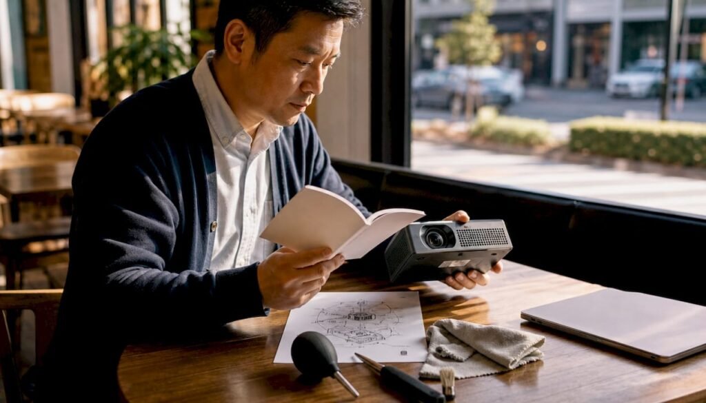 Man inspecting projector in office setting