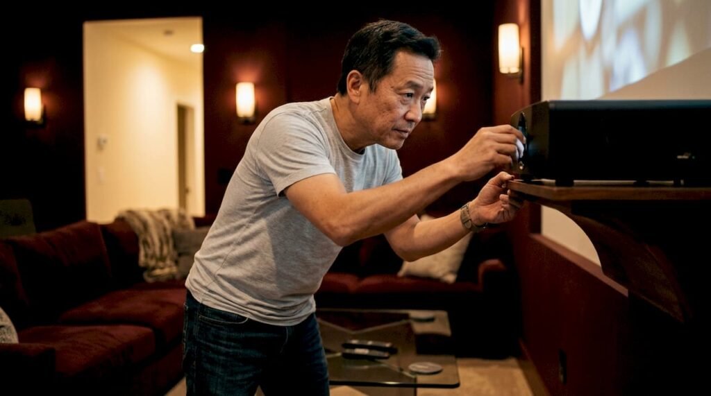 Man adjusting home theater projector in living room