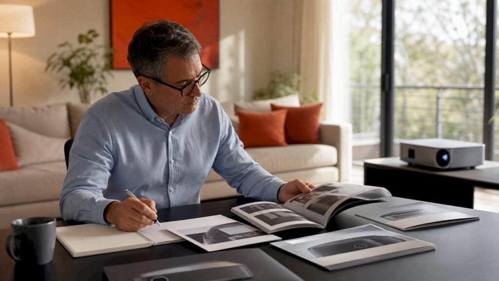Man studying HDR projector formats at desk