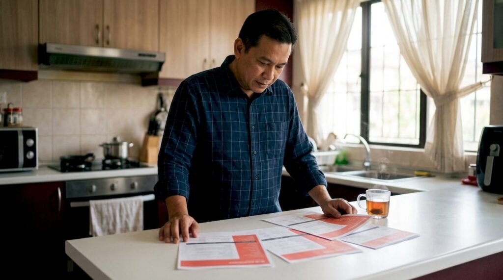 Man reading projector specification sheets at desk
