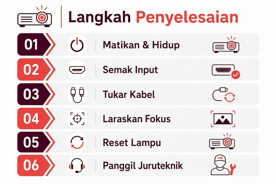 Infografik langkah mudah untuk selesaikan masalah projektor dengan pantas