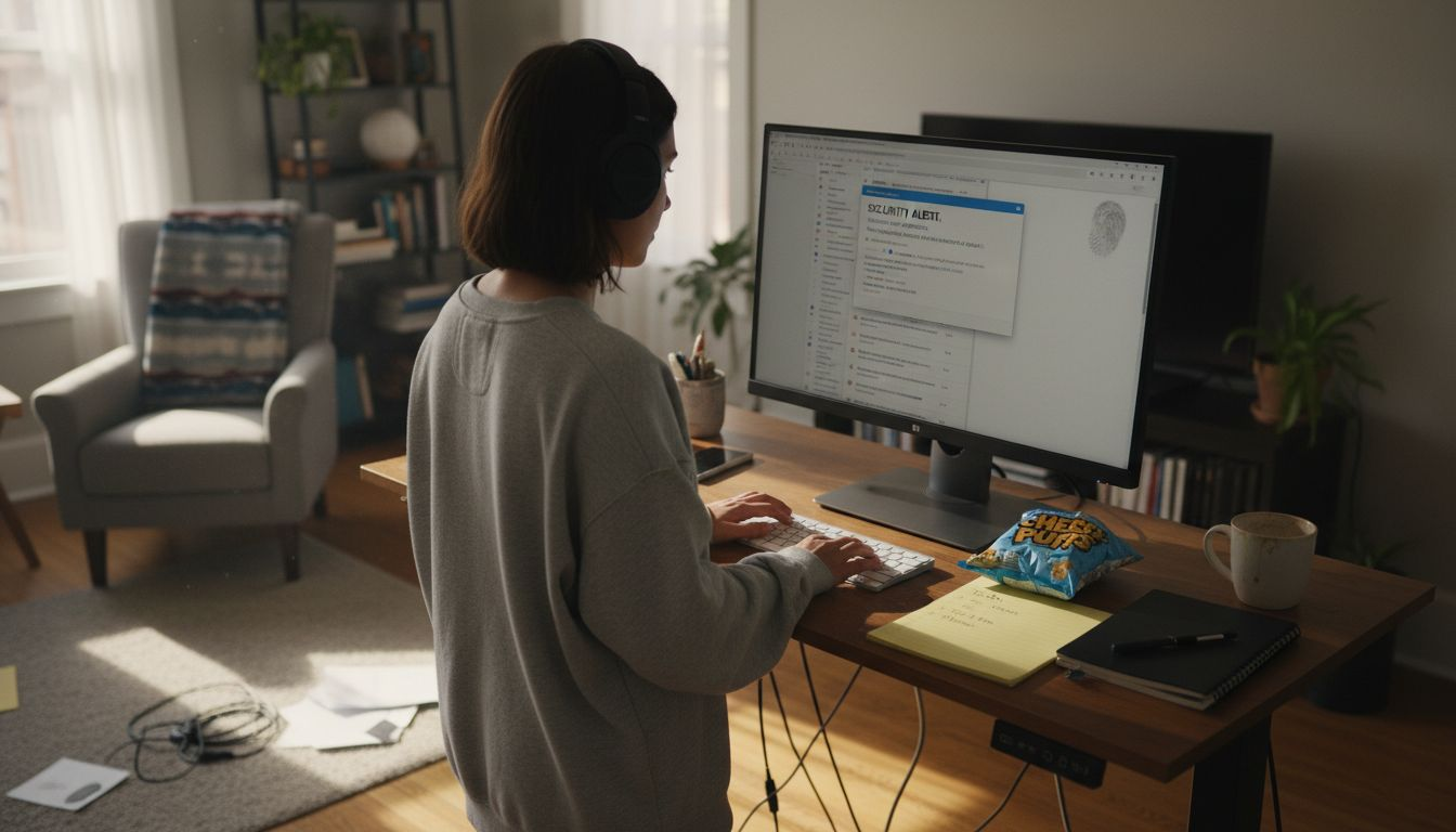 Home worker checks security alerts